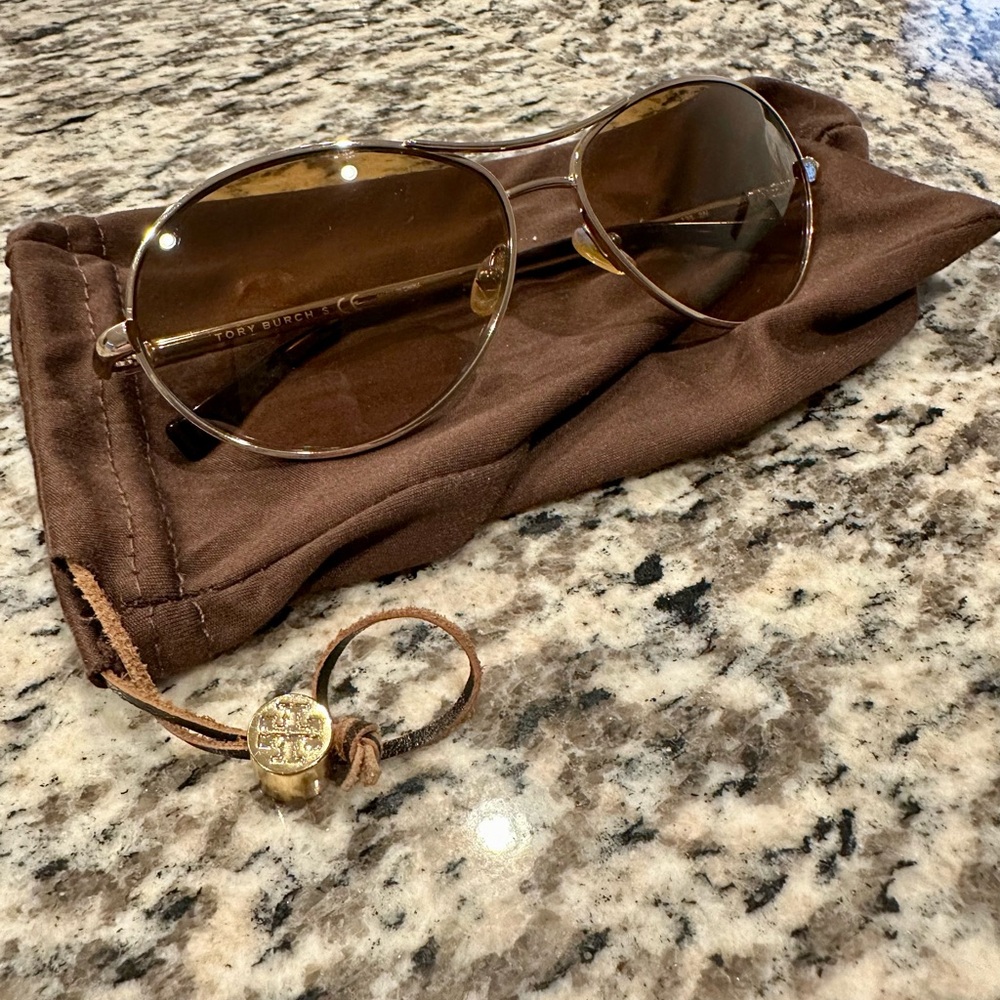 Tory Burch Gold and Brown Aviator Sunglasses